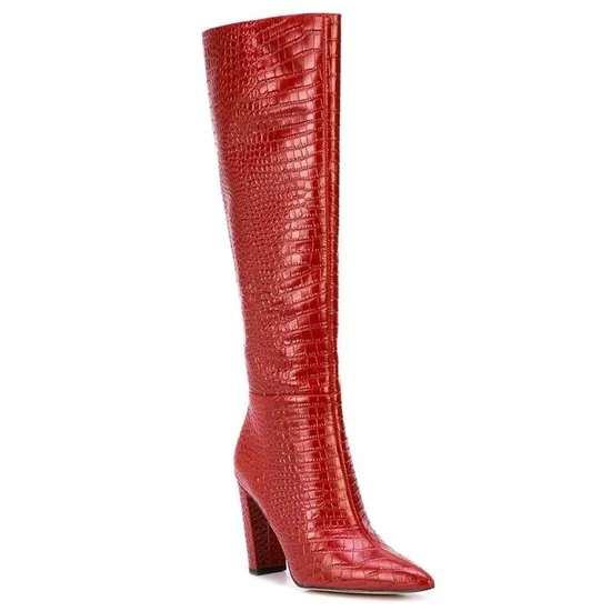 Ladies Pointed Toe Chunky Heel Red Knee High Boots for Women