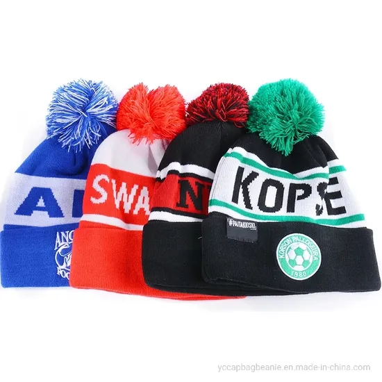 Custom Recycle Acrylic Bobble Sport Soccer Football Knit Pompom Jacquard Beanie Hat