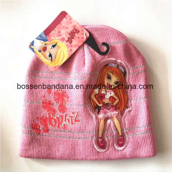 Factory Produce Customized Applique Pink Acrylic Kids Knitted Winter Cuff Beanie Hat