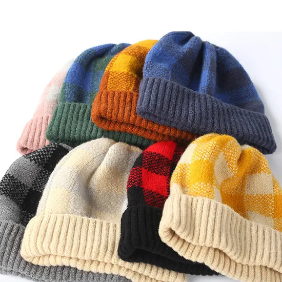 Wholesale Ladies Autumn Winter Hats Simple Plaid Knit Hat Hood Thick Warm Acrylic Beanie