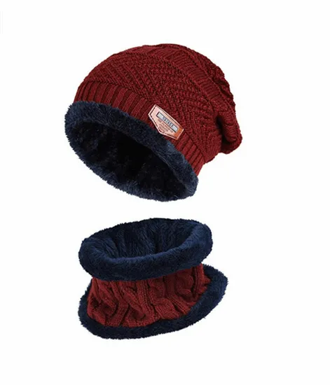 Winter Two-Piece Set Custom Leather Patch Winter Knitted Beanie Hat Neck Warmer Hat Winter Set
