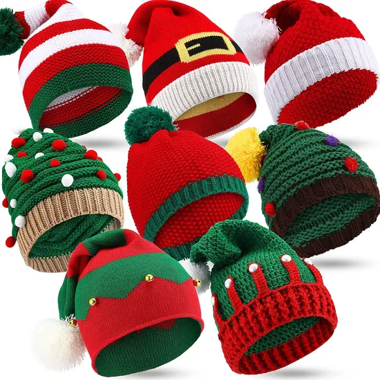 Winter Knitted Crochet Santa Hats Adult Christmas Beanie Hats POM POM Elf Hat Funny Christmas Party New Year Holiday Xmas Accessories Decoration Beanies
