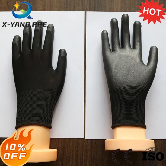 Factoryshop En388 Level4 Wear Resistant 13gauge Black Polyester / Nylon Liner PU Smooth Coated Seamless Knit Work Safety Palm Fit Gloves of DMF Less 500