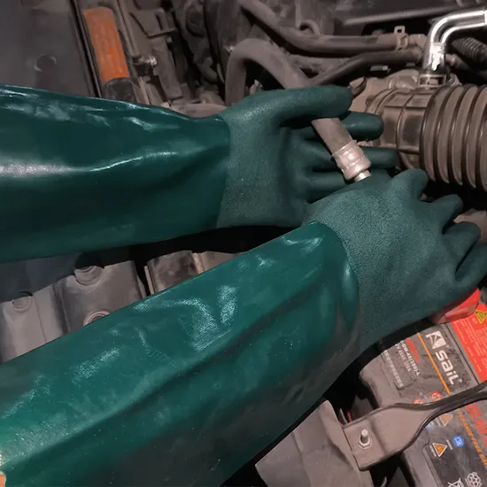 Ddsafety Exporting to 77+ Countries Dark Green PVC Glove Double Dipped Smooth Finished on Sleeve Sandy Finsihed on Hand Scalloped Cuff Lining 45cm Gloves
