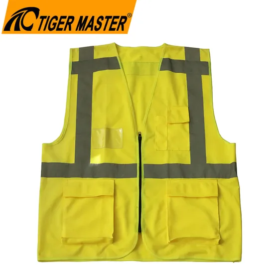 Yellow Customized Logo High Visibility Reflective Tape Multiple Pockets Zipper Front Engineer Security Reflective Safety Vest