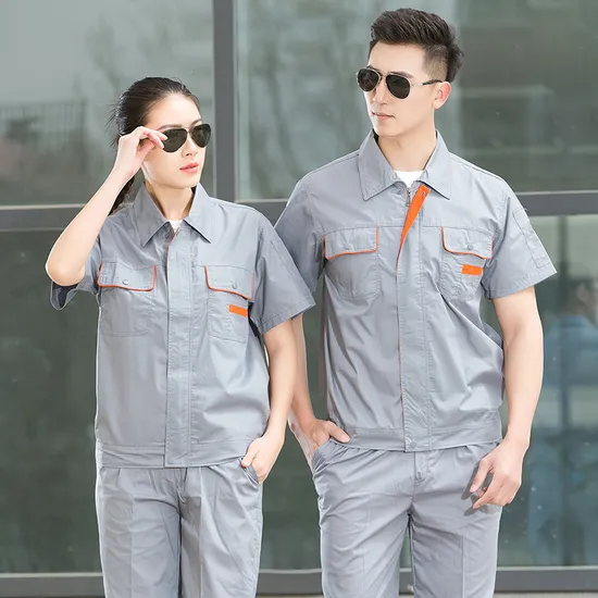 Csjd-B06-S17# Full-Process Polyester-Cotton Fine Twill Gray Orange Pocket Half-Sleeved Short-Sleeved Work Clothes