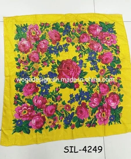 Fashion Yiwu Manufacturers 70*70cm Scarves Wrap Hijab Print Women Acrylic Square Gold Lurex Glitter Muslim Floral Scarf