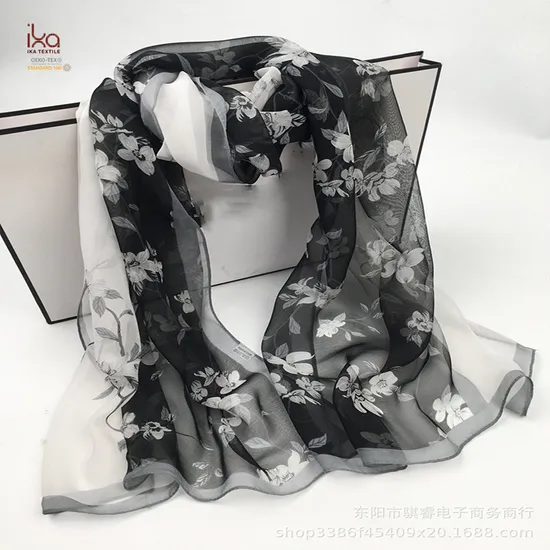 Fashion Wholesale Embroidery Printing Plain Dyed Black Long Custom Chiffon Mulberry Silk Hijab Scarf