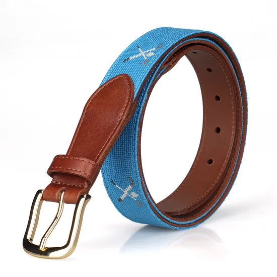 Casual Men′s Brown Pin Buckle Golf Webbing Needle Embroidery Genuine Leather Belts