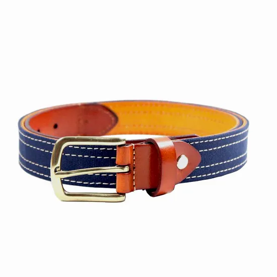 Wholesale Eco-Friendly Denim & Full Grain Genuine Leather Belt with Zinc Alloy Pin Buckle
