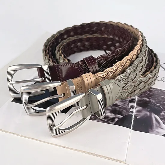 Women′s Western Style Leather Belt Stainless Steel Buckle Braided Belt for Jeans