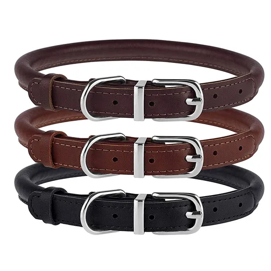 Rolled Leather Dog Collar Durable Metal Buckle Round Pet Collars for Small Medium Large Dogs Puppy Black Brown