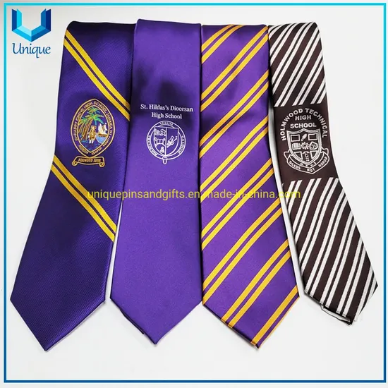 Pure Handmade Royal Blue Satin Fabric Jacquard Logo Ties, Custom School University Logo Striped Men′ S Tie