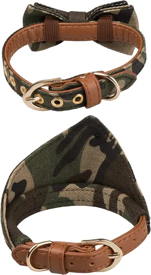 Luxury Custom Real Leather Pet Dog Collars with Bow Tie Bandana for Small Medium and Large Pets