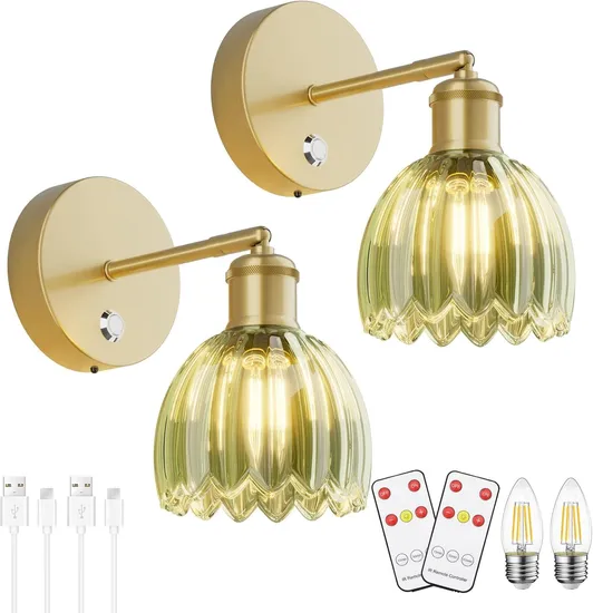 Battery Operated Wall Sconce with Remote, Amber Tulip Crystal Glass Wall Light