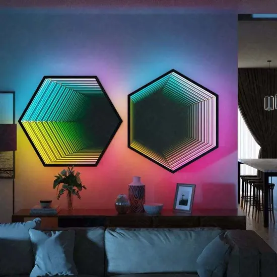 Modern RGB Color Changing Hexagon Multilayer Magic Mirror Atmosphere Wall Lamp for Corridor Background Decorations