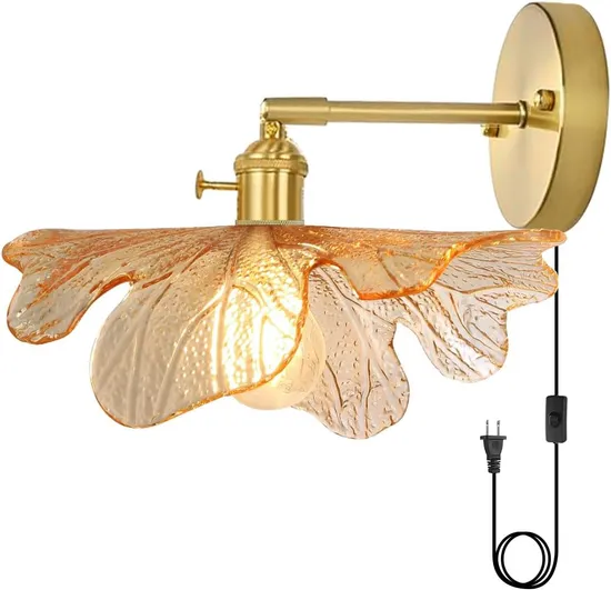 MID Century Modern Gold Wall Sconces with Amber Glass Shade