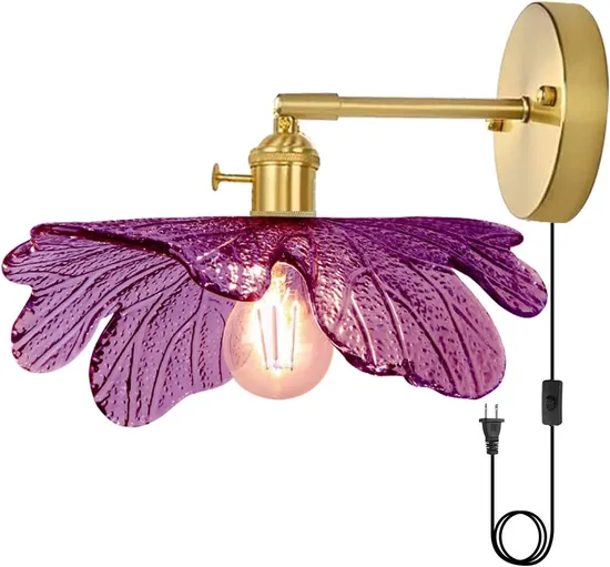 Glass Plug in Wall Sconces Green Bathroom Vanity Lamp MID Century Modern Wall Light Flower Glass Shade Plug in Cold on/off Switch Gold Plug in Wall Light for Li