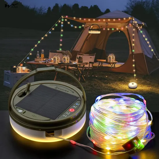 Outdoor Solar Camping String Lights 8 Lighting Modes 10m 12m 22m Solar Light Strip Certified RoHS Remote Control Switch Plastic