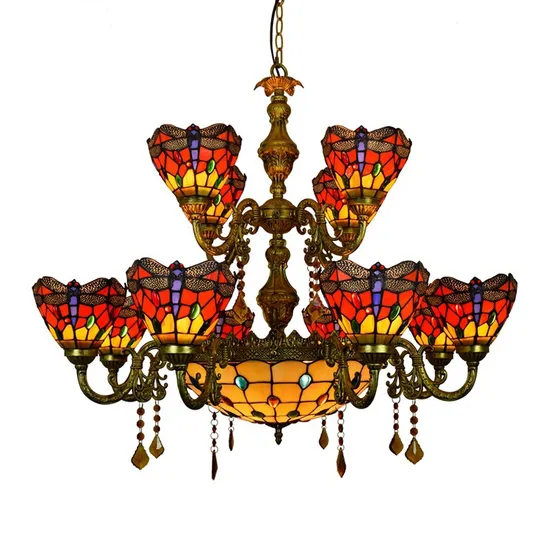 Tiffany Ceiling Dragonfly Parrot Lamp Chandelier with Stained Glass Lamp