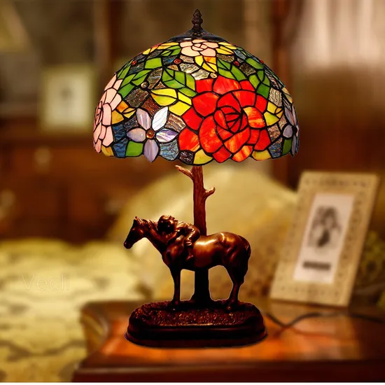 Stained Glass Flower Resin Horse Luxury Bedroom Bedside Garden Table Lamps (WH-TTB-11)