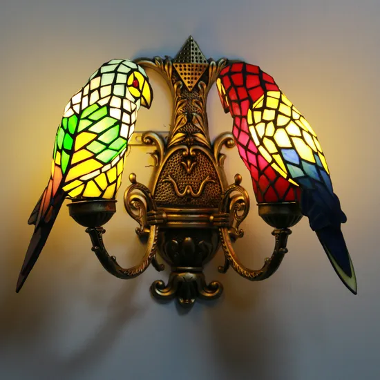 Stained Glass Vintage Tiffany Double Parrot Wall Lamp