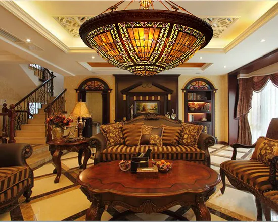 Large Tiffany Ceiling Lamp Stained Glass Pendant Light for Hotel Lobby