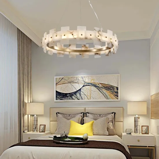 Copper Ring Living Room Restaurant Hanging Lamp Round Natural Marble Chandelier Alabaster Halo Chandelier (WH-MI-483)