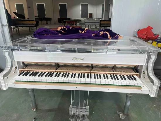 Clear Acrylic Baby Grand Piano for Sale 158 Silver with White Acrylic Piano Bench