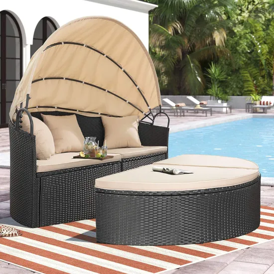 Outdoor Canopy Cushioned Retractable Sofa Bed Modern Rattan