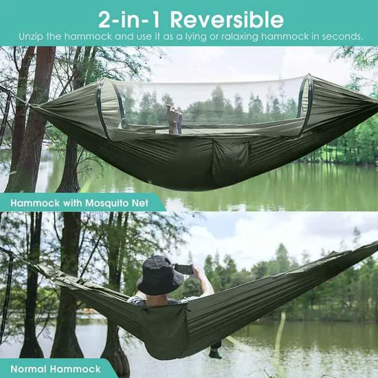 Large Camping Hammock with Mosquito Net 2 Person Pop-up Parachute Lightweight Hanging Hammocks Tree Straps Swing Hammock