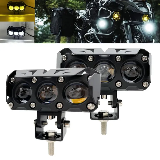 3 Lens Dual Color Strobe Motorcycle Spotlight External High Low Beam Fog Driving Headlight for Motorcycle Accessories