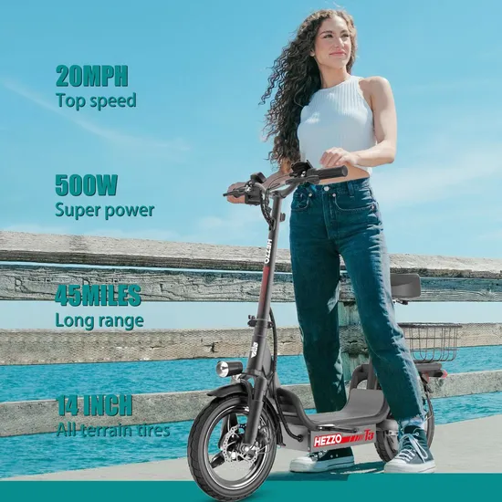 Hezzo T3 14inch Commute Escooter 48V 500W Carbon Steel 15ah Electric Scooter with Seat & Basket