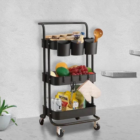 Household 3-Tier Metal Rolling Cart Vegetable Rack Bathroom Kitchen Storage Trolley Rack with Wheels