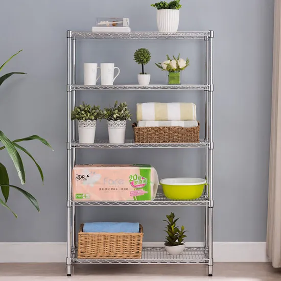 Durable 5 Tiers Stainless Steel Round Tube Adjustable Removable Chrome Metal Heavy Duty Storage Wire Rack Shelf for Kitchen Household Display with Wheels