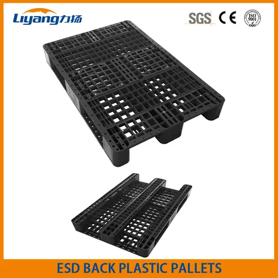 Cheap HDPE ESD Black Six Runner Euro Large Logistics Storage Transportation Recycled Rack Plastic Pallet 1300X1100mm for Warehouse Factory Sell