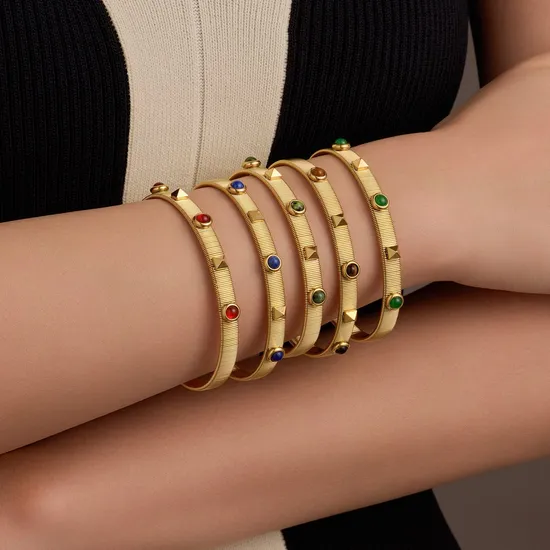 Custom Elastic Bracelet Adjustable Stainless Steel Plated 18K Gold Stone Bracelet