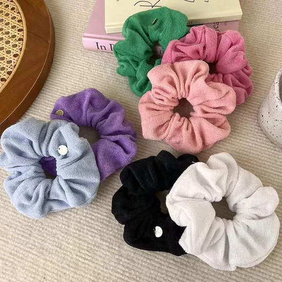 Custom Solid Color Cotton Towelling Fabric Terry Cloth Elastic Hair Scrunchies