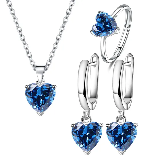 Fashion Silver Plated Copper Love Zircon Earrings Creative Finger Rings Heart-Shaped Gemstone Pendants Chain Necklaces Jewelry Sets for Women Men