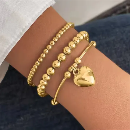 3PCS/Set Alloy Simple Retro Popular Peach Heart Beaded Bracelet Metal Multi-Layer Charm Stacking Bracelet Set