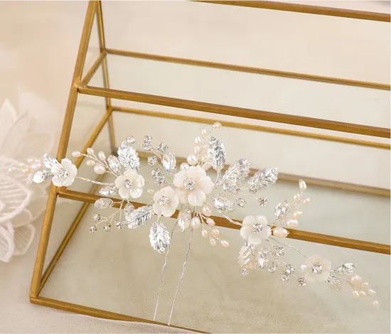 Porcelain Flower Hair Pin Comb, Bridal Wedding Natural Pearl Hair Accessories Top Quality Pearl