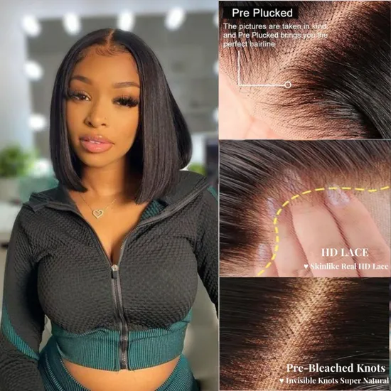 Straight Human Hair HD Lace Front Short Bob Wigs Pre-Everything