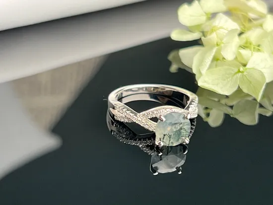Wholesale Women Jewelry Oval Moss Agate Ring Engagement Wedding Ring