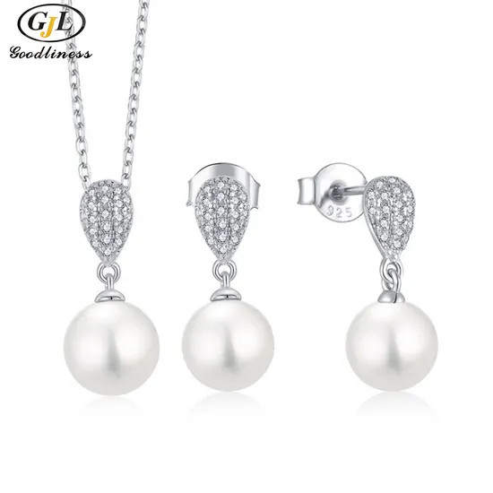 S925 Silver Natural Pearl Drop Zircon Necklace Earrings Jewelry Set