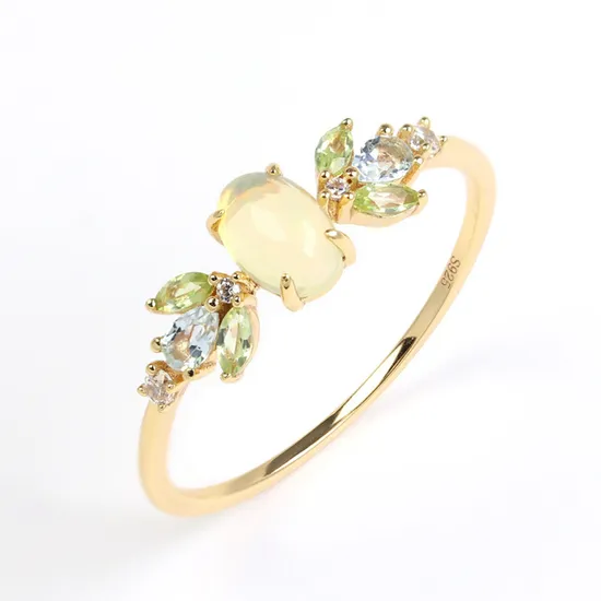 925 Sterling Silver 14K Gold Plated Gemstone African Opal Sky Blue Topa Ring Green Olives Rings