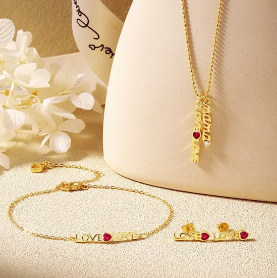 High Quality Red Heart CZ Zircon 18K Gold Plated 925 Sterling Silver Love Jewelry Necklace Earring Bracelet Set