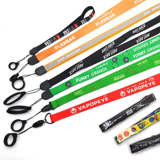 Custom Electronic Smoke Rope Lighter Tobacco Hang Phone Printing E-Cigarettes Black White Energy Vape Lanyard with Heat Transfer Logo and 20mm Silicon Ring