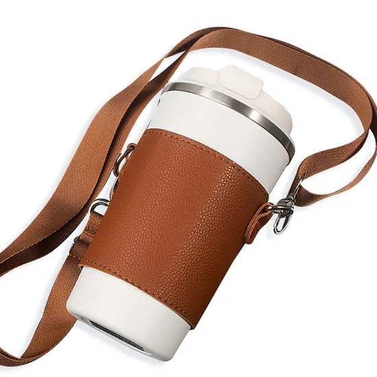 PU Leather Portable Reusable Ice Hot Coffee Cup Sleeve Holder with Lanyard