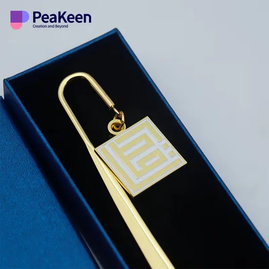 Promotional Metal Golden Muslim Bookmarks Clip Die Casting Engraved Customer Logo Enamel Metal Book Mark with Tassel