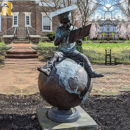 Copper Little Boy and Earth Statue Bronze Boy Sitting on a Brass-Globe Sculpture
